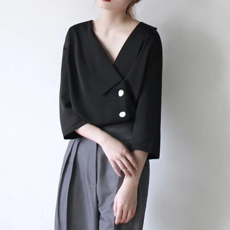 Blouses For Woman 2019 Korean Fashion Office Wear Designs Tops Three Quarter Sleeve Female Tunic Black Side Button Shirt DD2332