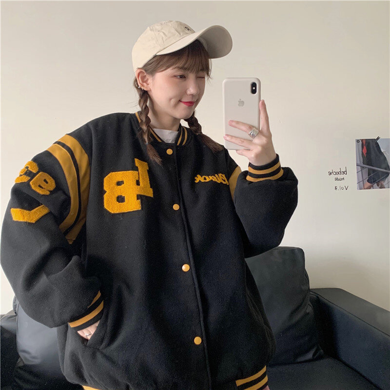 Baseball Uniform Women's Autumn And Winter Man Couple Bomber Coat New Ins Letter Embroidery Plush Thickened Coat