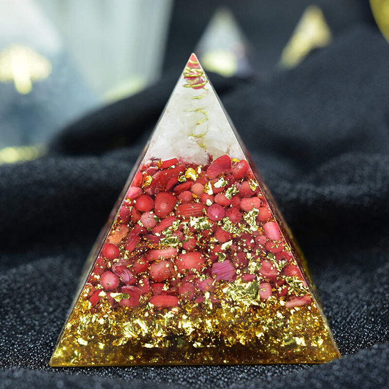 Пирамида из органита, муладхара, энергия чакры кристалл, красный коралл, белый кристалл, смола, ювелирное изделие пирамида, украшение C0166
