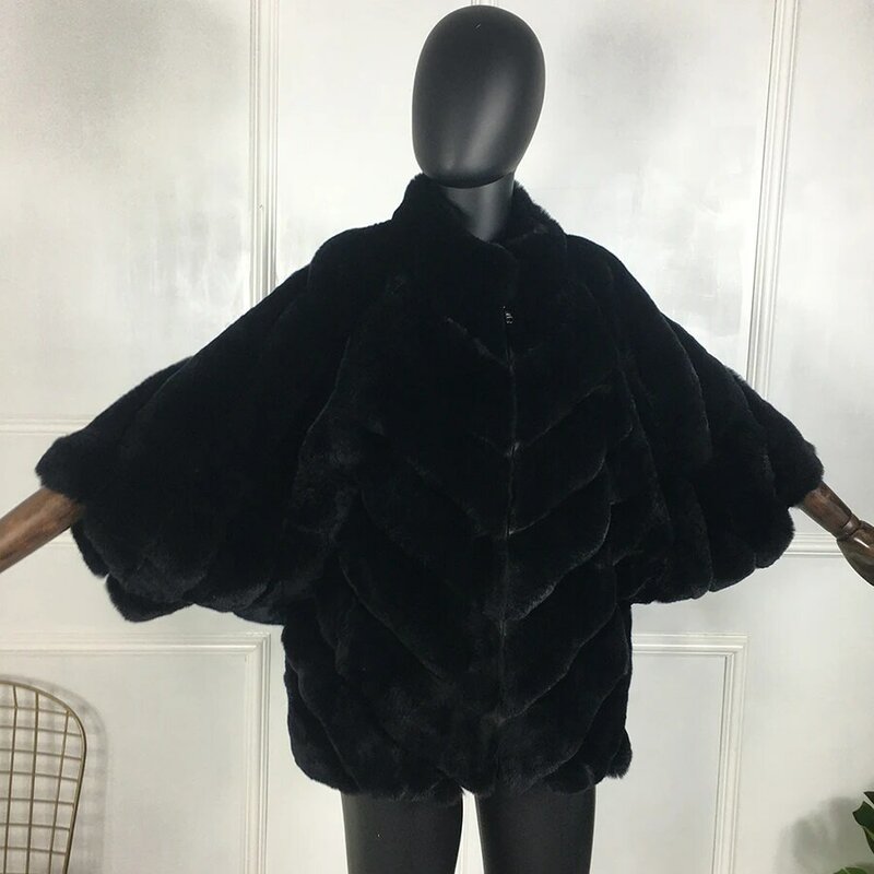 Mantel Bulu Asli Wanita Rex Alami Jaket Bulu Kelinci Mode Hangat Musim Dingin Mantel Lengan Batwing Tudung Dapat Dilepas Dapat Disesuaikan