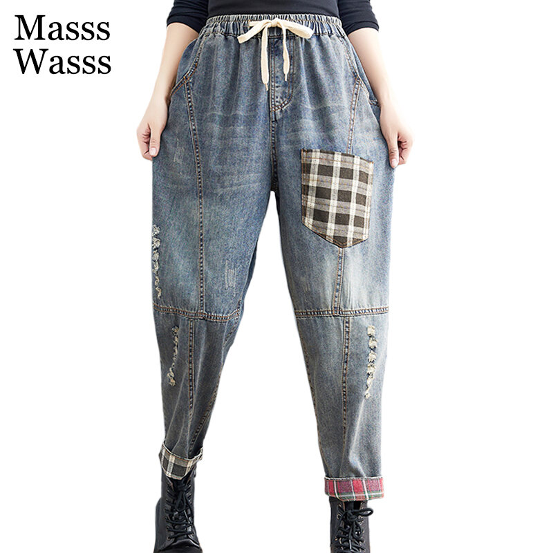 Masss Wasss Frauen Jeans Zerrissene Denim Hosen Blau Vintage Plaid 2021 Mode Damen Hohe Taille Harajuku Löcher Gerade Hosen