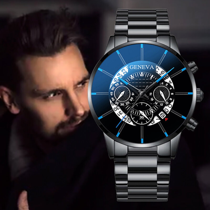 Reloj de pulsera de cuarzo para hombre, cronógrafo de negocios, con fecha automática, color negro, a la moda, con Rayo Azul