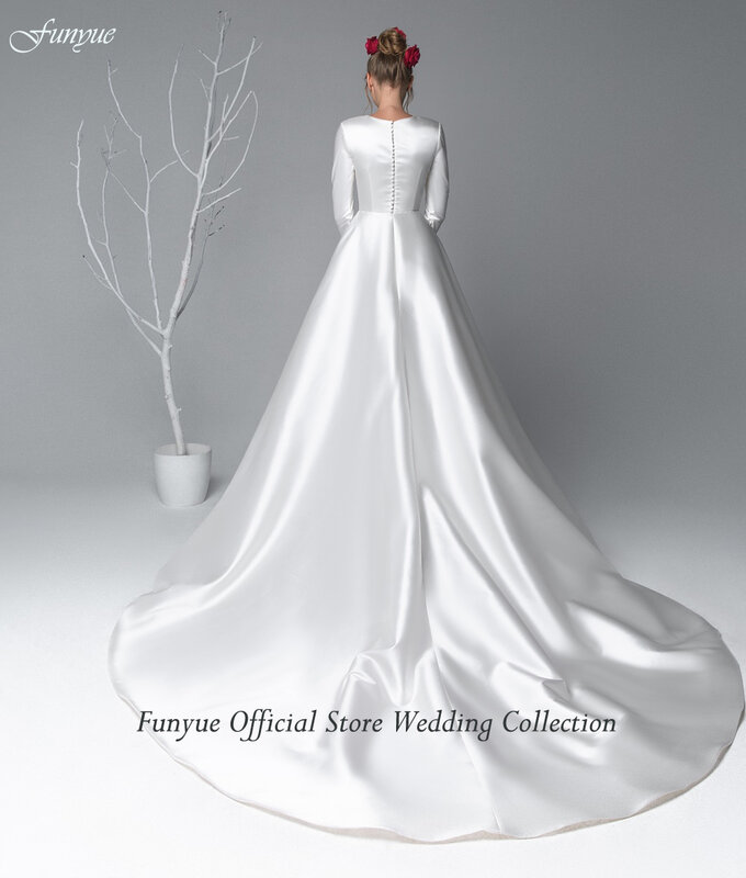 Женское ТРАПЕЦИЕВИДНОЕ свадебное платье Funyue, белое атласное платье невесты в мусульманском стиле, с длинным рукавом, модель 2022 года