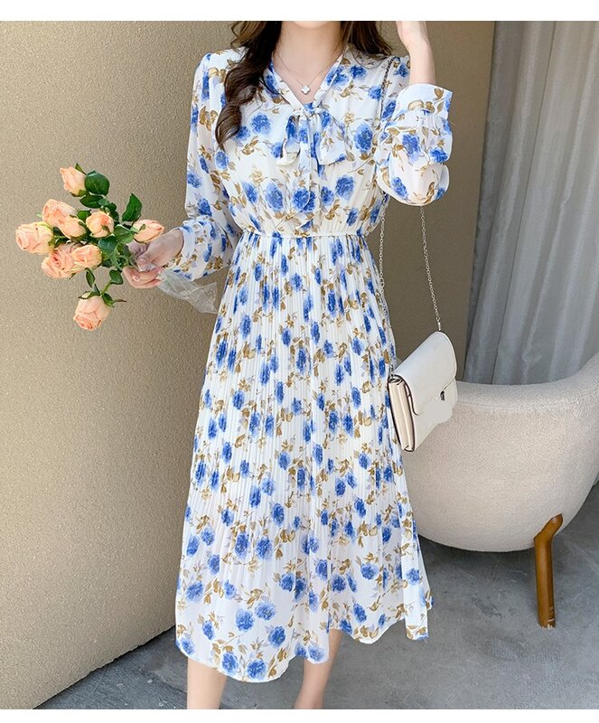 Hebe & Eos nowa jesienna elegancka sukienka szyfonowa 2021 Vintage, w kwiaty drukuj sukienka Boho kobieta długie rękawy plisowane sukienki Midi Vestidos