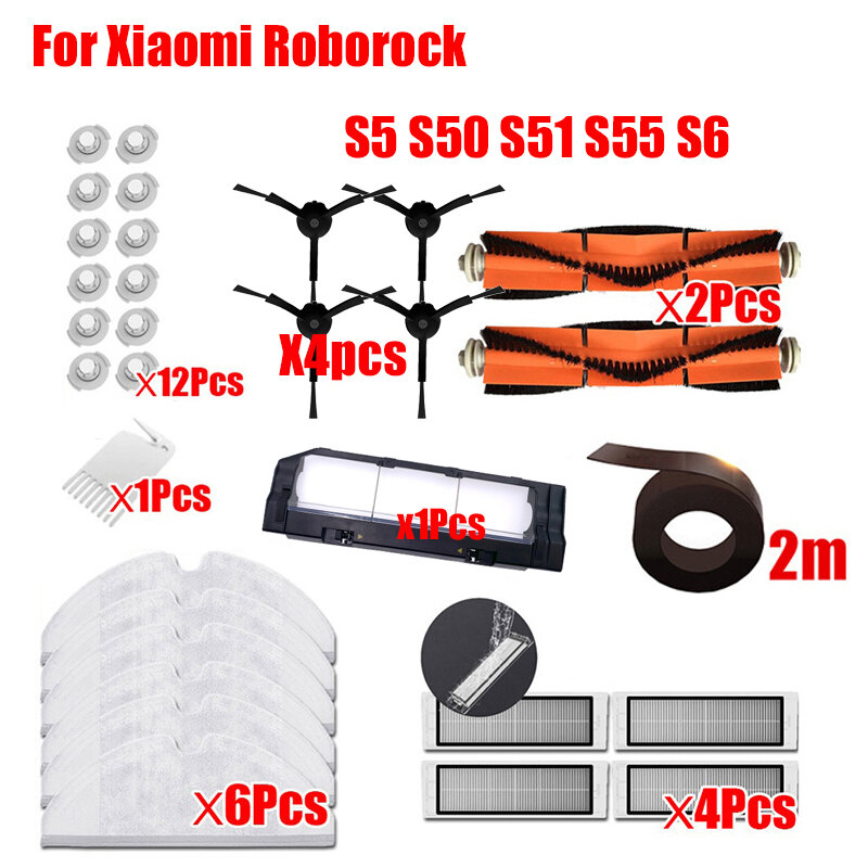 Untuk XiaoMi Roborock S50 S51 S55 S5 S6 suku cadang Penyedot Debu Filter HEPA kain pel hitam sikat utama aksesoris sikat samping