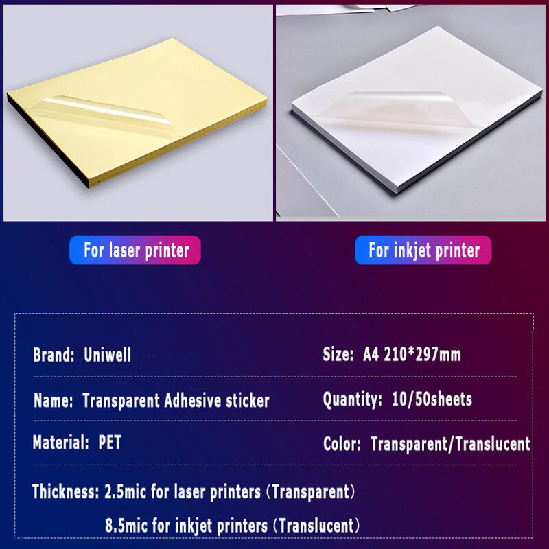 Papel de impresión láser autoadhesivo transparente, papel de inyección de tinta A4, PET, se puede pegar con pegatinas impermeables