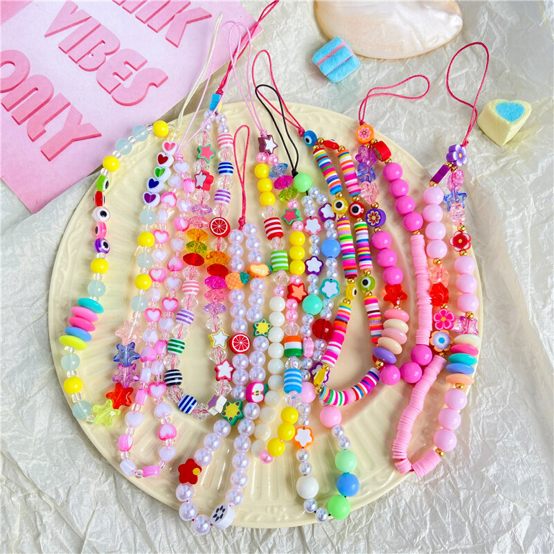 Fashion Trendy Colorful Acrylic Beads Mobile Phone Chain For Women Girls Cellphone Strap Anti-lost Lanyard Hanging Cord Jewelry