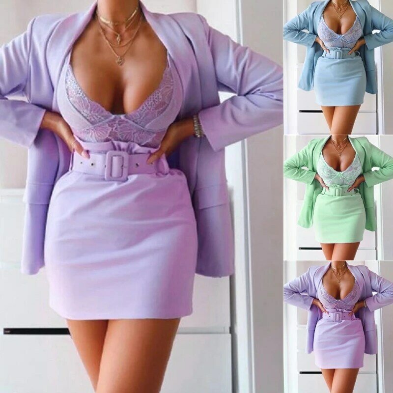 Conjuntos de 2 piezas de moda para mujer, Blazer Sexy con cuello de barco, traje de manga larga para oficina, conjunto de abrigo y falda, Blazer rosa, ropa para mujer