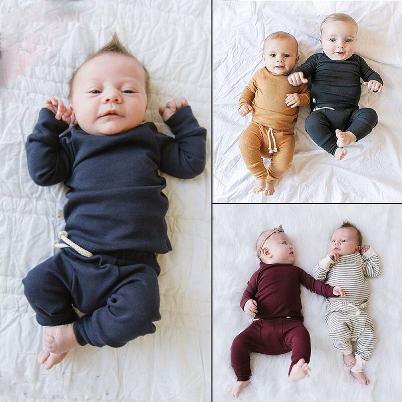 Jesień noworodka dzieci dziewczynek chłopców jednolite ubrania 2 sztuk sweter bluza topy + spodnie jesień odzież z długim rękawem nowy 2021
