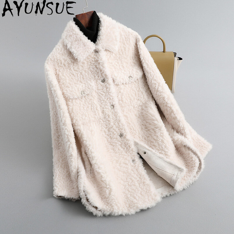 AYUNSUE 2021 진짜 모피 코트, 여성 의류, 겨울 100% 양 전단 재킷, 짧은 울 재킷, 한국 조끼, SQQ1143