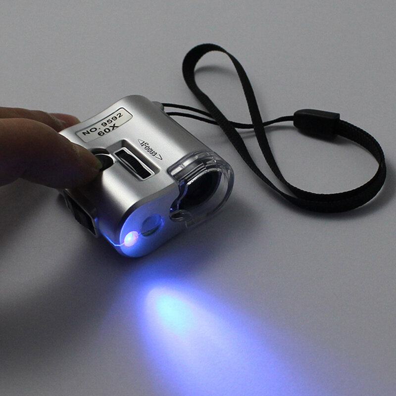 Mini lupa de microscopio de bolsillo 60X, lupa de joyería de vidrio con luz LED UV