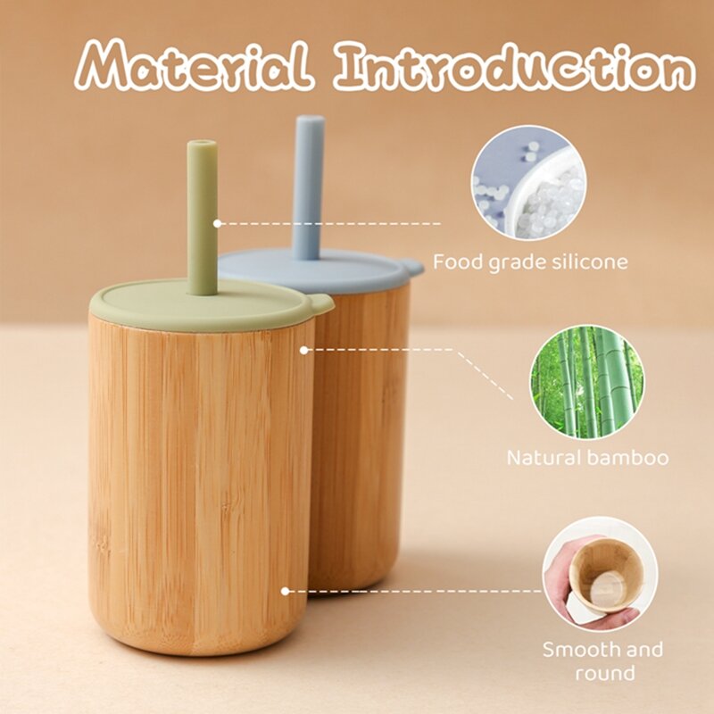 Bopoobo Straw Bamboo Cup Silicone Bowl Adjustable Bib Waterproof Saliva Towel Wooden Spoon Free of BPA Newborn Feeding Supplies
