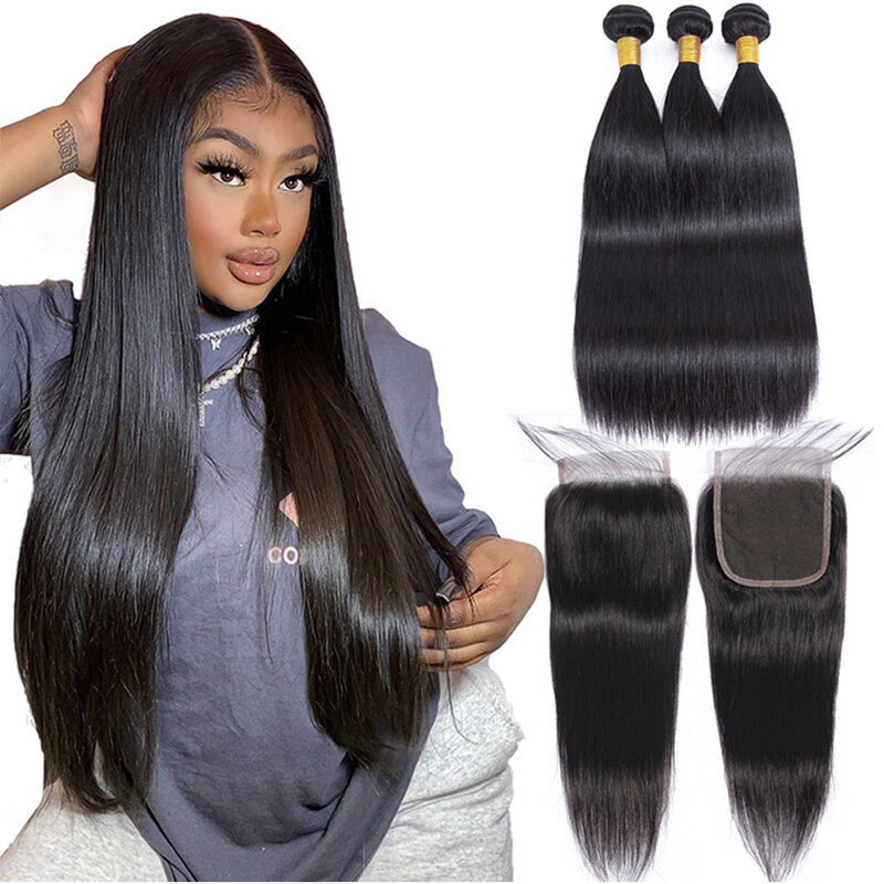 Straight Bundles With Closure 4x4 Human Hair Bundles With Lace Closure FASHION LADY HAIR Remy Brazilian Bundles And A Closure