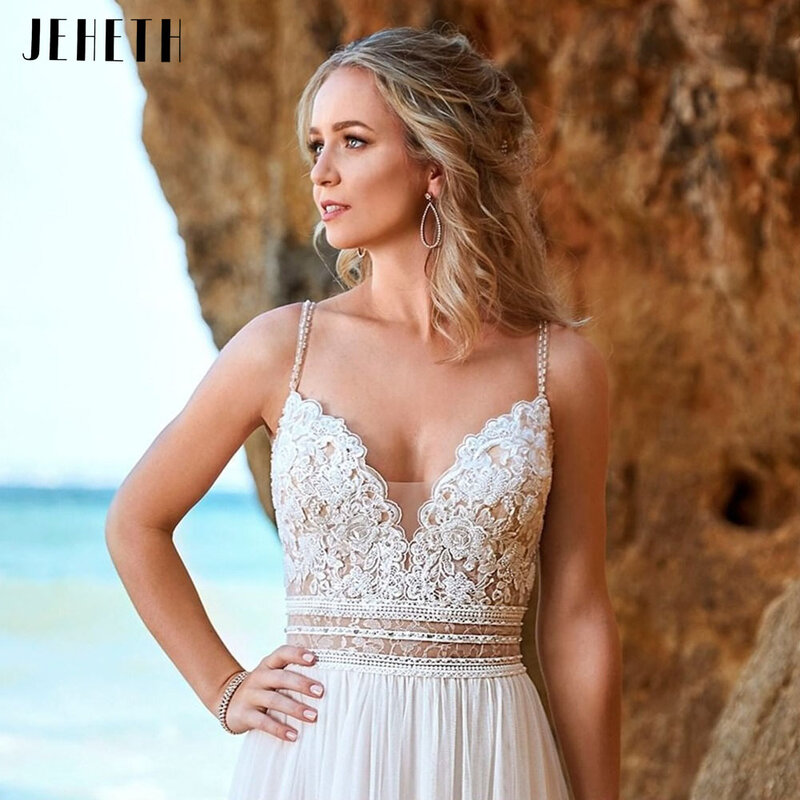 JEHETH Simple Backless Chiffon V-Neck Bohemian Wedding Dress for Bride Lace Applique Sleeveless Beach Bridal Gown Robe De Mariée