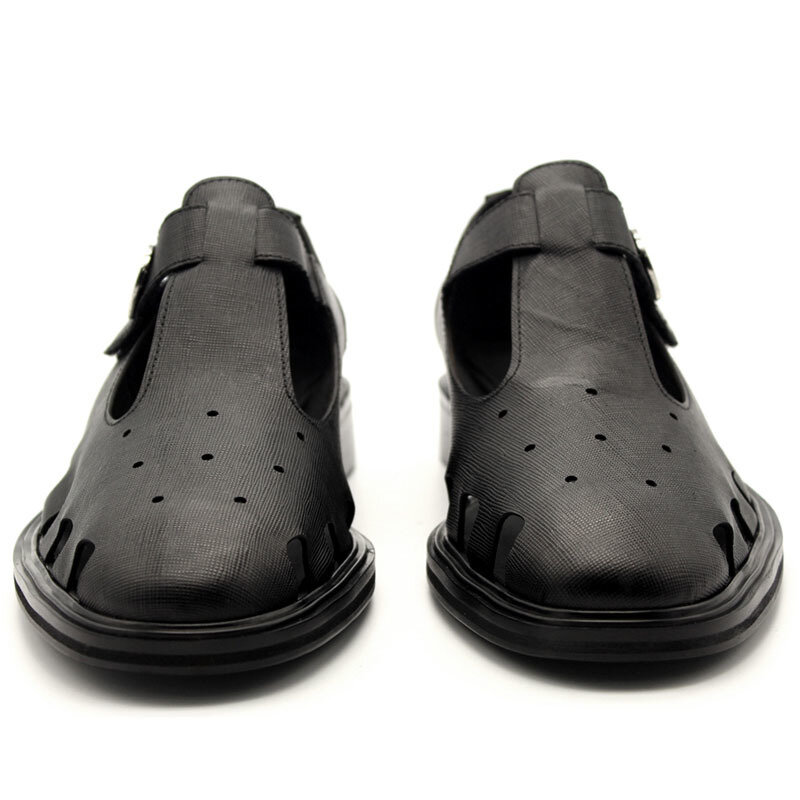 Sandalias de piel auténtica para hombre, zapatos de tacón de bloque con hebilla estilo T Retro, zapatos de vestir ahuecados, de alta calidad, novedad de 2019