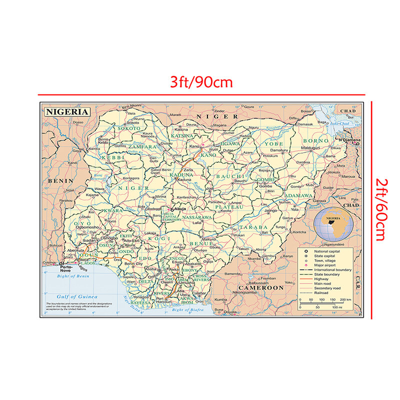 90*60cm The Nigeria Map Non-smell Canvas Painting Wall Art Posters and Prints Home Decoration Classroom Teaching Supplies