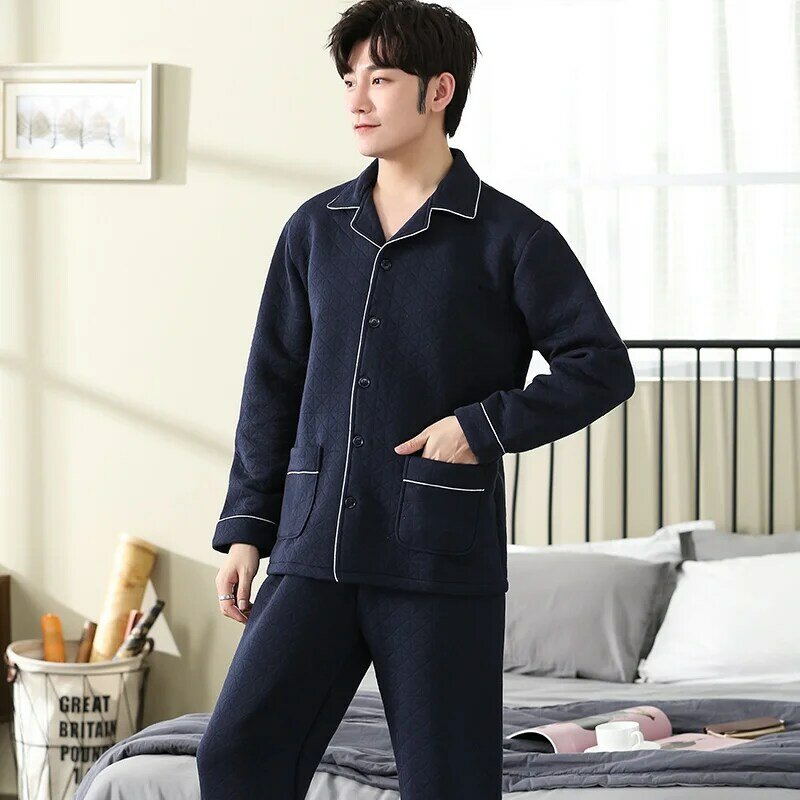 Conjunto de pijama masculino de manga longa, pijama acolchoado fino para homens, roupa de dormir com camada intercamada de algodão para inverno