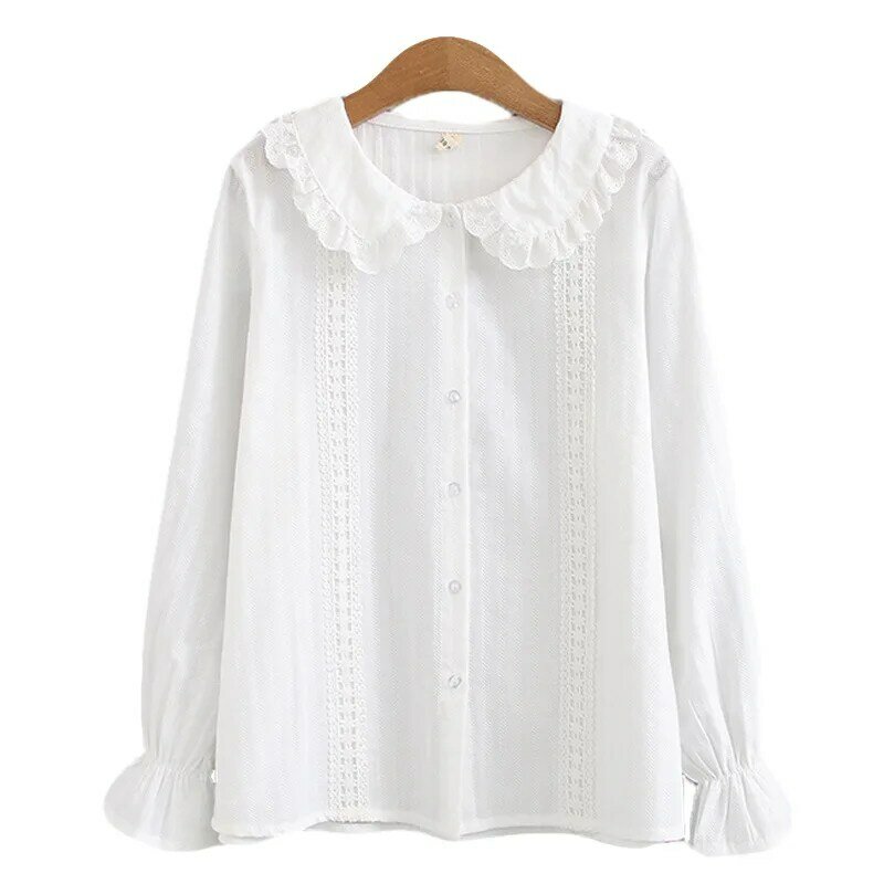 Camisas e blusas para mulheres estudantes estilo coreano, para mulheres, tops e blusas, gola peter pan, blusa de renda com botão, para meninas adolescentes, camisa branca de manga comprida