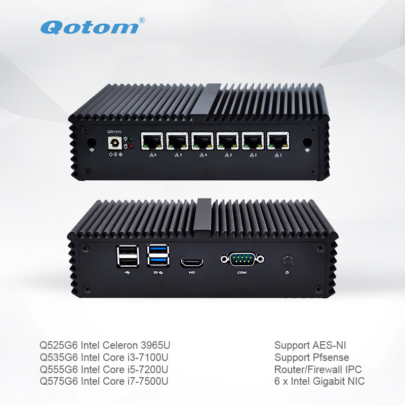 Qotom Mini PC Q500G6-S05 dengan Celeron Core I3 I5 I7 AES-NI 6 Gigabit NIC Router Firewall Dukungan Linux Ubuntu Tanpa Kipas Komputer