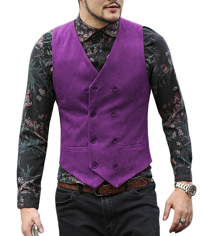 Mens Casual Suit Vest V Neck Suede Double-breasted Slim Fit Waistcoat Business Groomman For Wedding