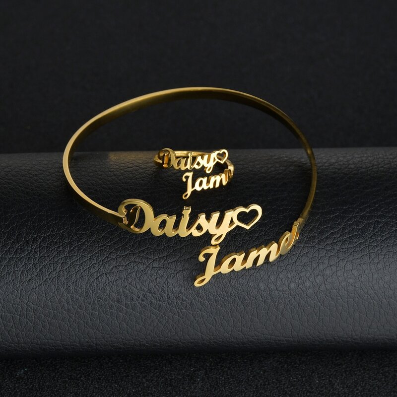 Atozmaré pulseira personalizada com nomes duplos, bracelete e anel feminino de aço inoxidável com abertura de coração, joia para presente