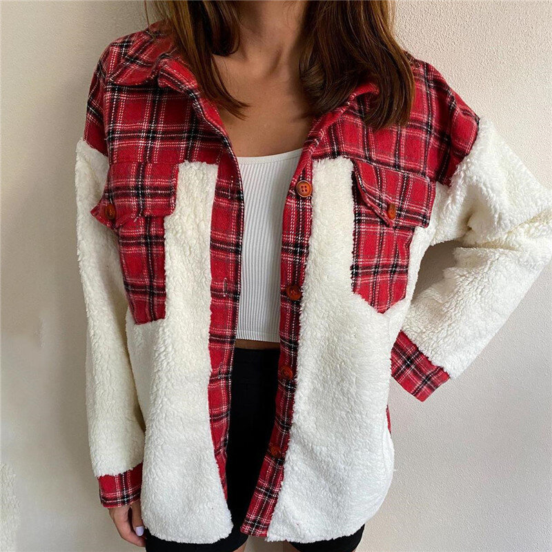 Femmes nouveau Vintage treillis imprimé Plaid coton Outwear élégant revers simple boutonnage en vrac hiver dame Cardigan décontracté vestes