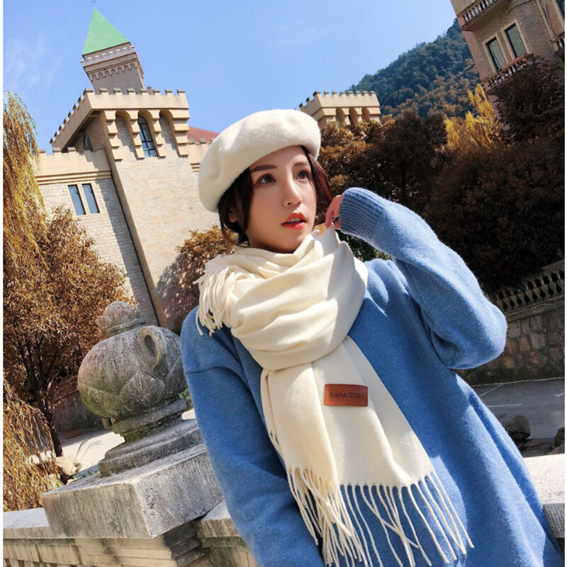 Nuovo arrivo moda tendenza puro colore imitazione Cashmere sciarpa calda donna autunno e inverno frange sciarpa scialle grande per donna 250g