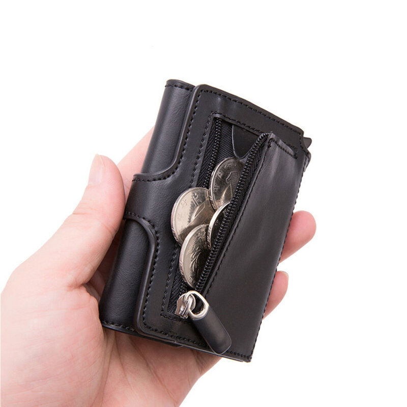 Custom Genuine Leather Men Wallet Vintage Luxury Small Slim Thin Zipper Tri-fold Black Wallet Credit Card Holder Customized Gift