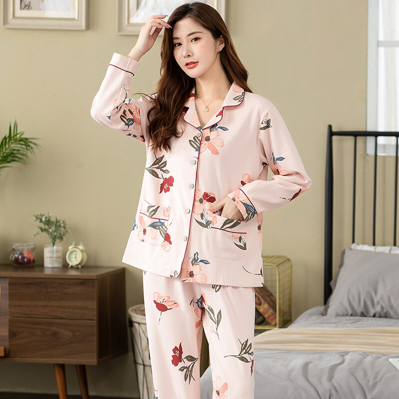 Fall Winter New Elegant Style Pink Floral Turn-Down Collar Pajama Set Men And Women Soft & Comfort Cotton Sleepwear Casual Wear