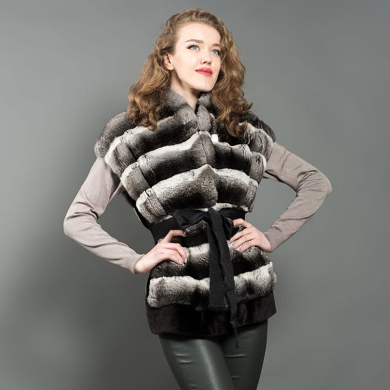 チンチラカラーファージャケット女性リアルレックスラビットファーベストコート秋冬ウォームファッションジレット