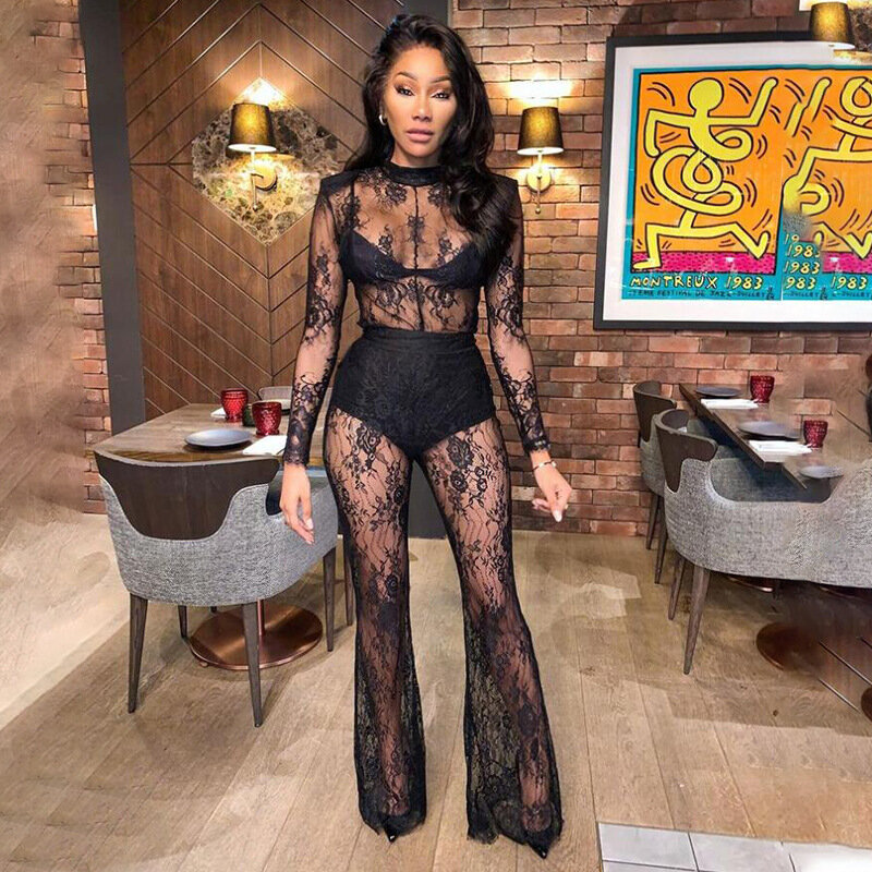 BKLD Fashion Black Lace Perspective Sexy Night Club Outfits Long Sleeve One Pieces Wide Leg Jumpsuit Women Summer Clothes