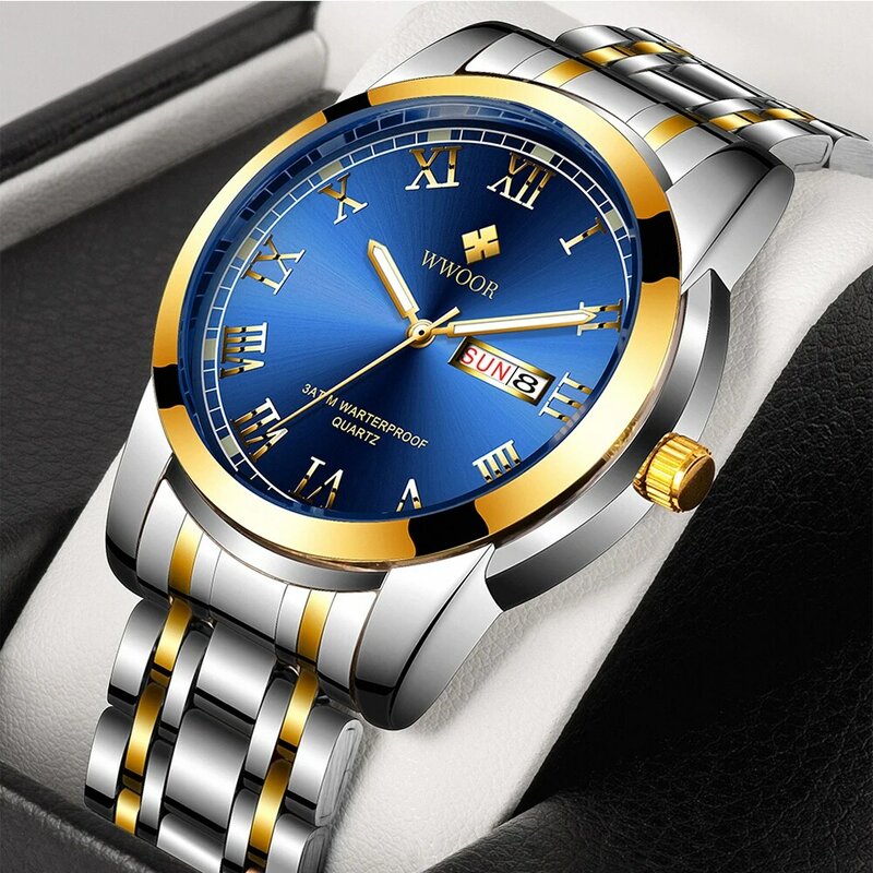 Wwoor-メンズクォーツ時計、高級ブランド、ステンレス鋼、防水、ビジネス用、新品