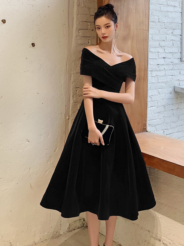 Черное платье-трапеция с вырезом лодочкой, банкетное платье до щиколотки, яркое приталенное бархатное женское вечернее платье большого размера