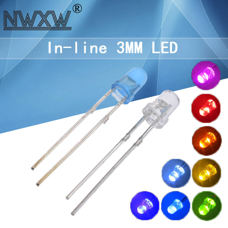 50 unids/lote de 3MM/F3 LED, pelo blanco, rojo, amarillo, azul, verde, cabeza redonda, enchufe recto