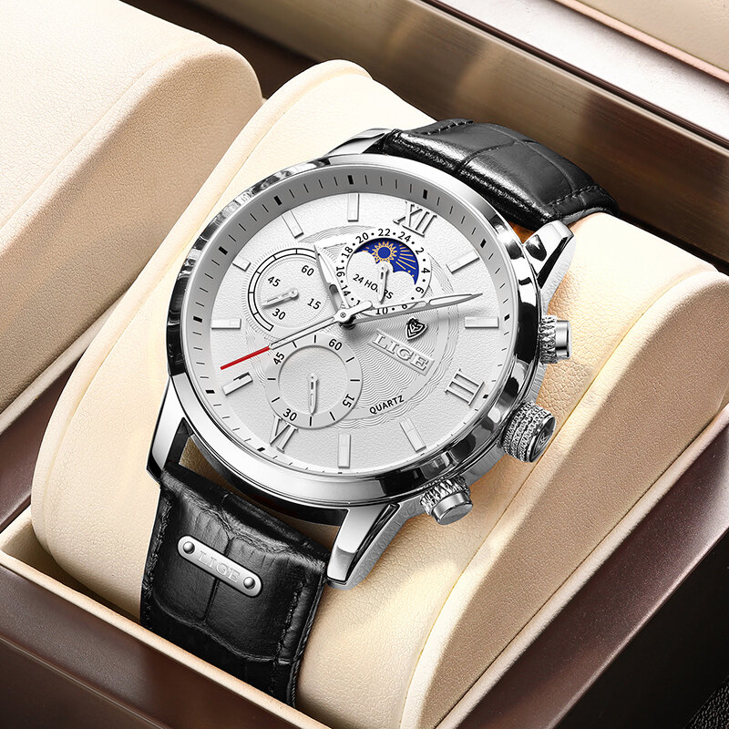 2024 LIGE Men Watches Brand Luxury Black Leather Waterproof Sport Quartz Chronograph Military Watch Men Clock Relogio Masculino