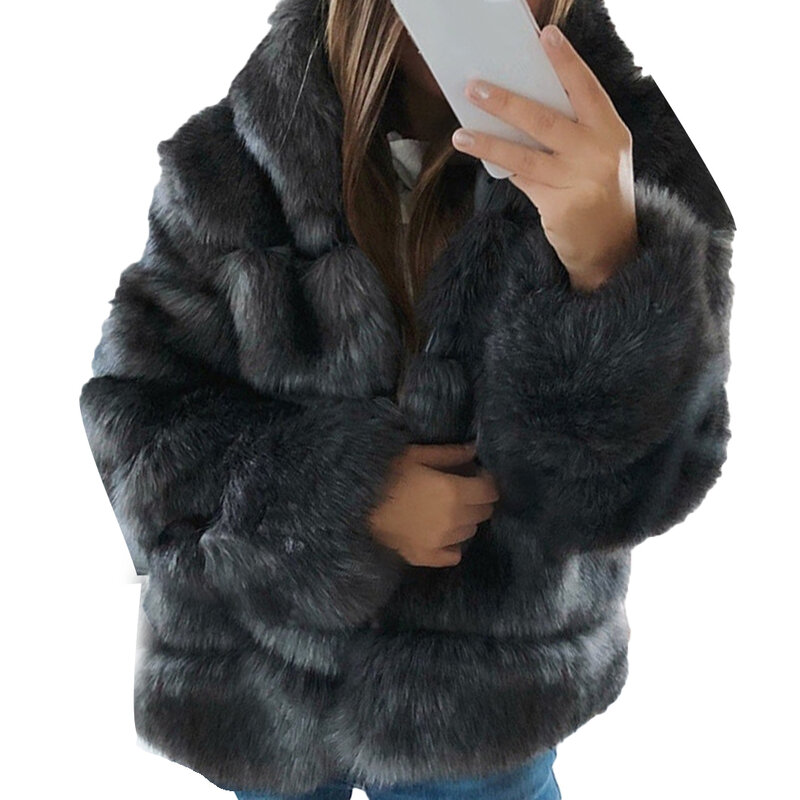 Abrigo grueso con capucha para mujer, chaqueta de piel sintética de manga larga, abrigo corto de felpa, color sólido, cálido y esponjoso, Invierno