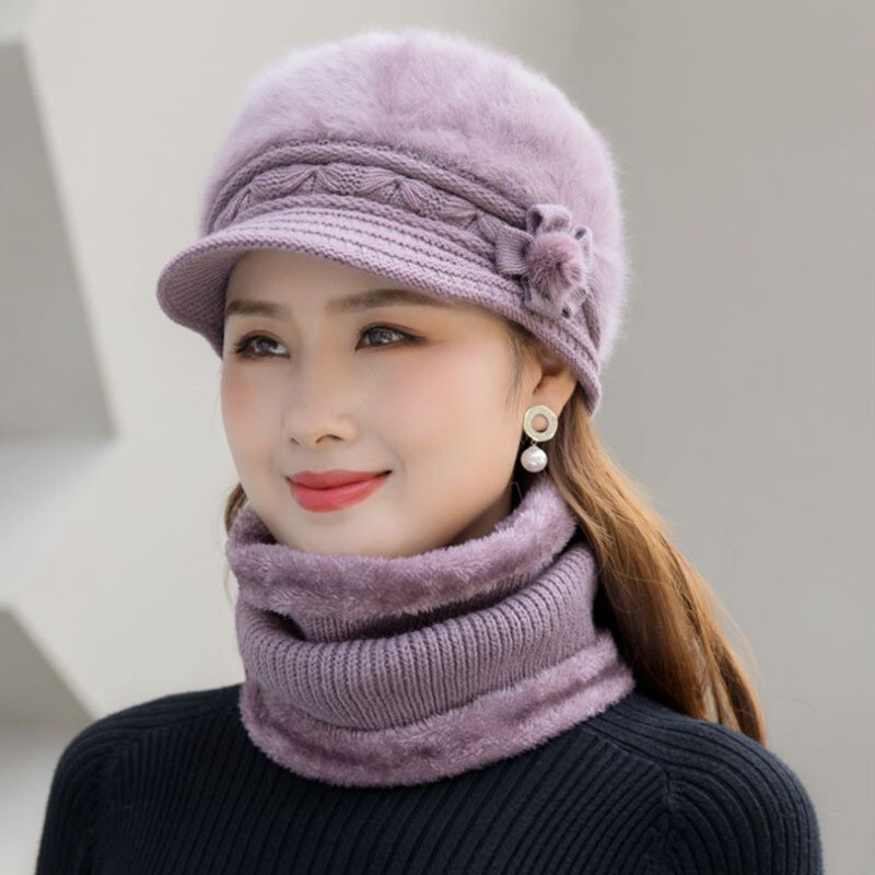 Topi Musim Dingin Perempuan Rajutan Topi Bulu Kelinci Bib Sarung Tangan Setelan Baret Bunga Tua Setengah Baya Ditambah Beludru Topi Hangat Hadiah untuk Ibu
