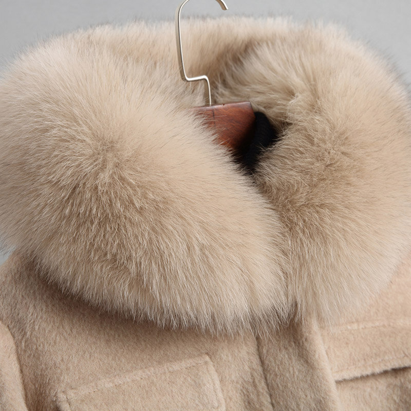 Casaco de lã boollili feminino real rex pele de coelho forro 2023 alpaca casacos de lã natural pele de raposa com capuz jaqueta de inverno