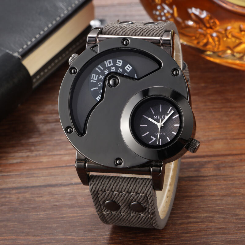 Relogio Masculino 2019 Men Sports Watches MILER Watches 2 Time Zone Blue Fabric Leather Strap Quartz Wristwatches Mens Watches