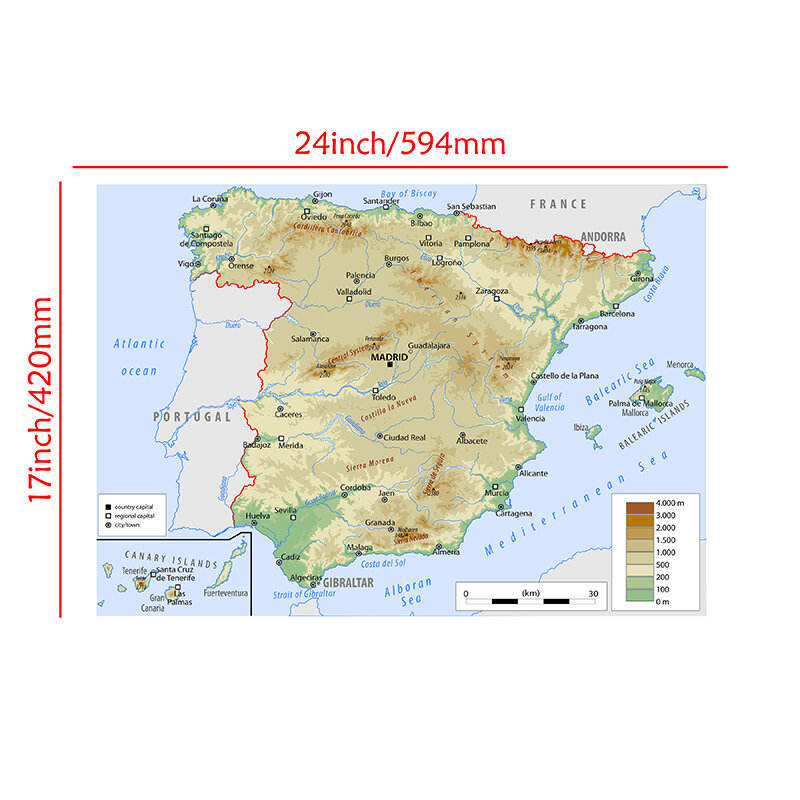 59*42ซม.ภูมิประเทศแผนที่สเปนภาษาอังกฤษ Wall Art ภาพวาดผ้าใบ Unframed โปสเตอร์โรงเรียน Supplies decor