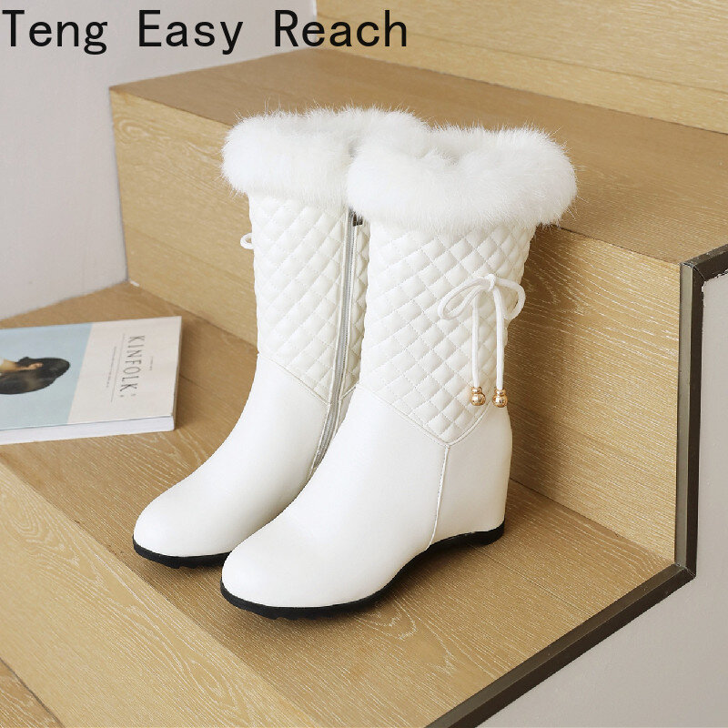Inverno branco cabelo real botas de neve das mulheres moda quente botas de pelúcia senhoras dedo do pé redondo zip inclinação calcanhar botas de neve tamanho 33-43