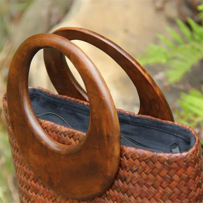 28x30CM Thailand Stroh Tasche Rattan Stroh Tasche Original Chinesische Holz Griff Handtasche Retro Urlaub Frauen Eimer a6107