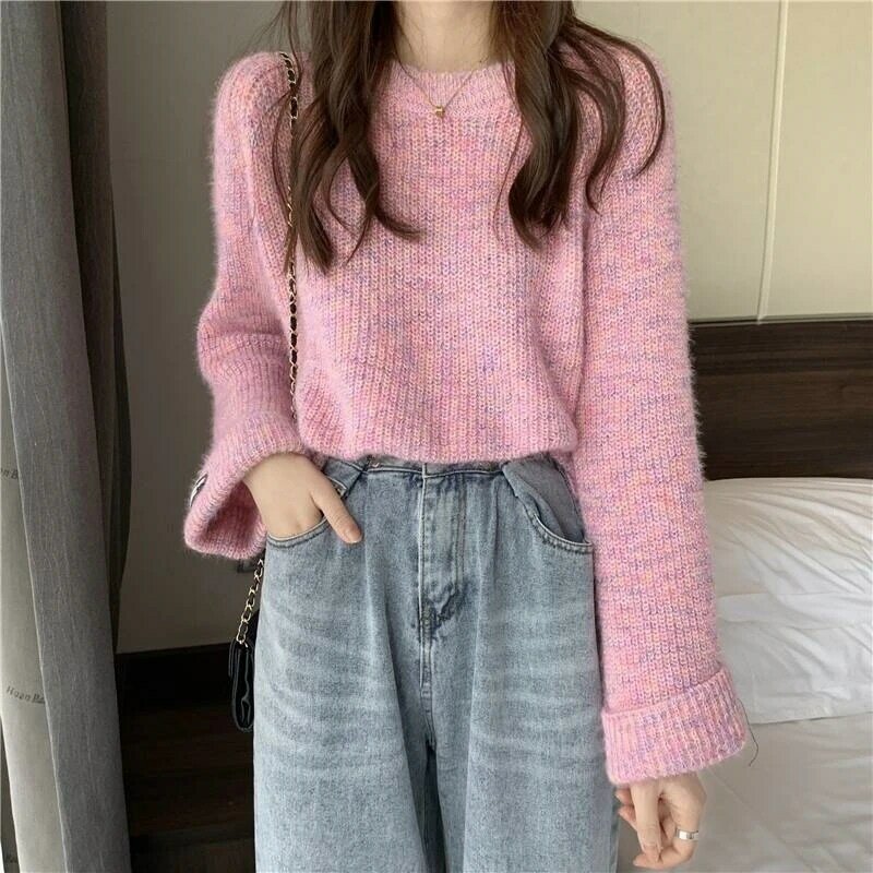 2021 Sweter Wanita Rajutan Perempuan Padat Elegan Malas Leher-o Mode Pullover Kantor Wanita Kasual Atasan Antik Sweater Rajutan