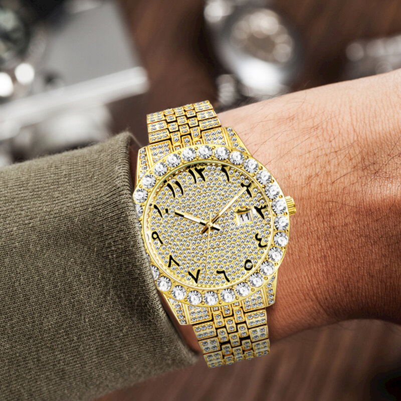 남성용 럭셔리 아이스 골드 시계, 18k, 모든 다이아몬드 패션 쿼츠 손목 시계, 남자 럭셔리 힙합 시계, 방수, 드롭 배송