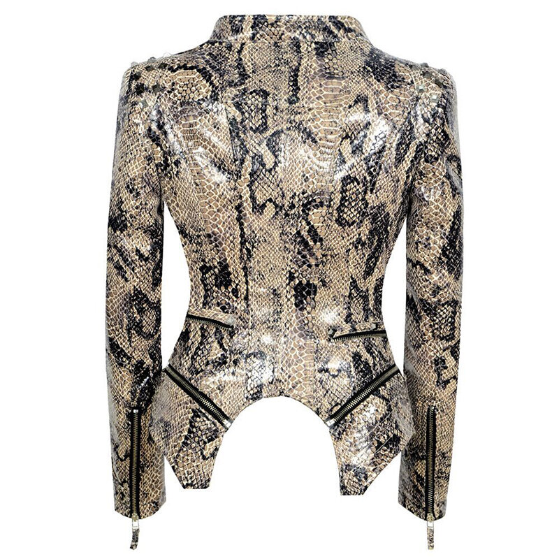 Jaqueta gótica de couro ecológico feminina, jaqueta para mulheres com zíper rebite estampa de cobra para motocicleta outono inverno 2020