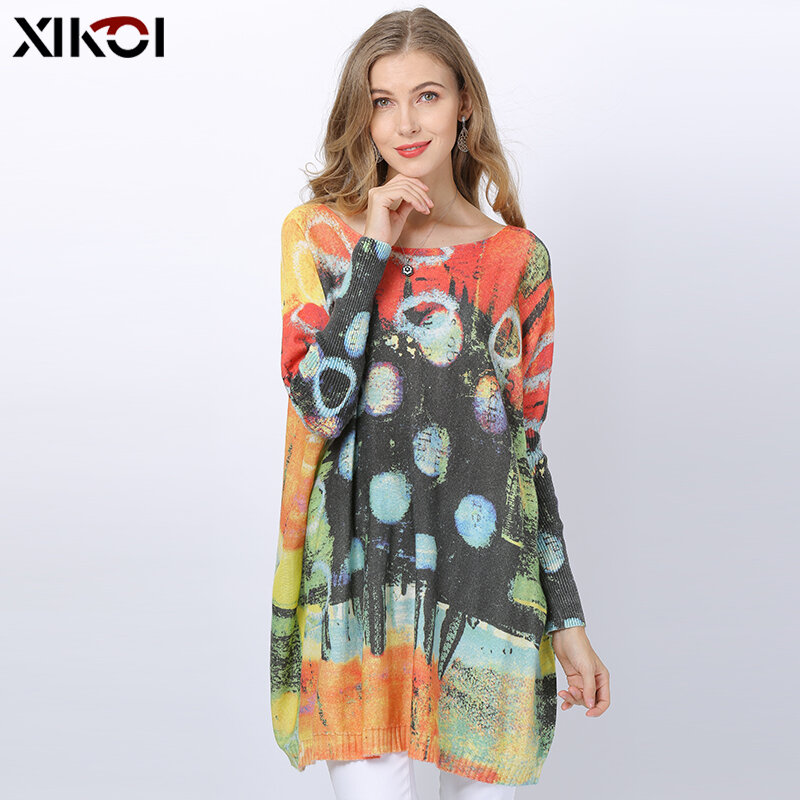 XIKOI Winter Wool 여성용 대형 스웨터 풀오버 드레스 패션 패치 워크 니트 서클 프린트 점퍼 Loose Warm Pull Femme