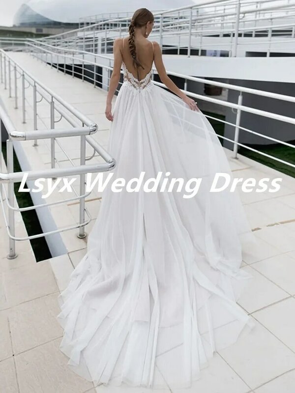 LSYX-vestido de noiva para mulheres, cintas de espaguete, renda organza, apliques sem encosto, trem longo, romântico, nova chegada