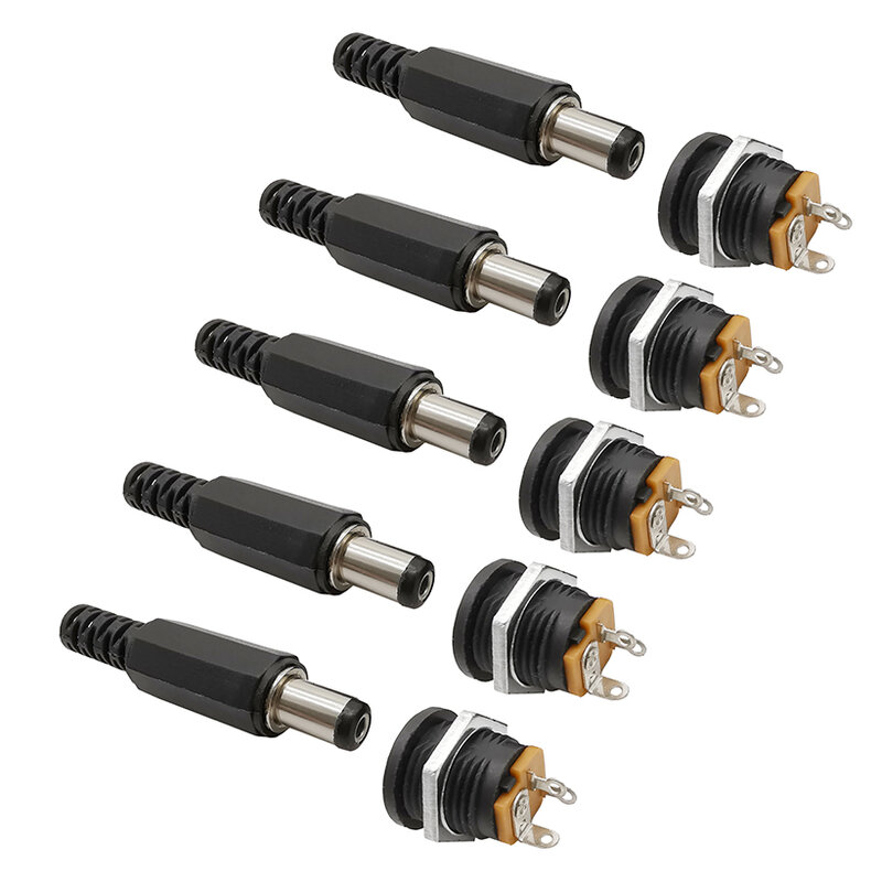 DC Power Masculino Plugs Conector, Tomada, Porca de Parafuso Feminino Jack, Painel Adaptador de Montagem, 12V, 3A, 5.5x2.1mm, 10Pcs, 5 Par