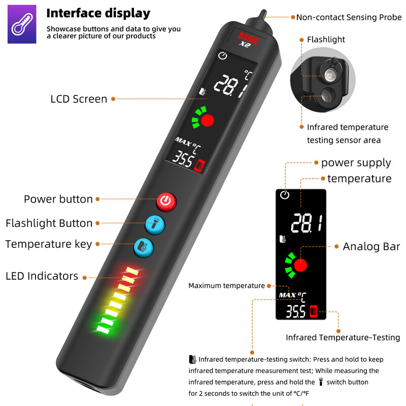 BSIDE ترقية جهاز قياس الجهد الكهربائي ، لون LCD 3-نتيجة عرض كاشف جهد مع ميزان الحرارة الأشعة تحت الحمراء للشواء مع إيفا