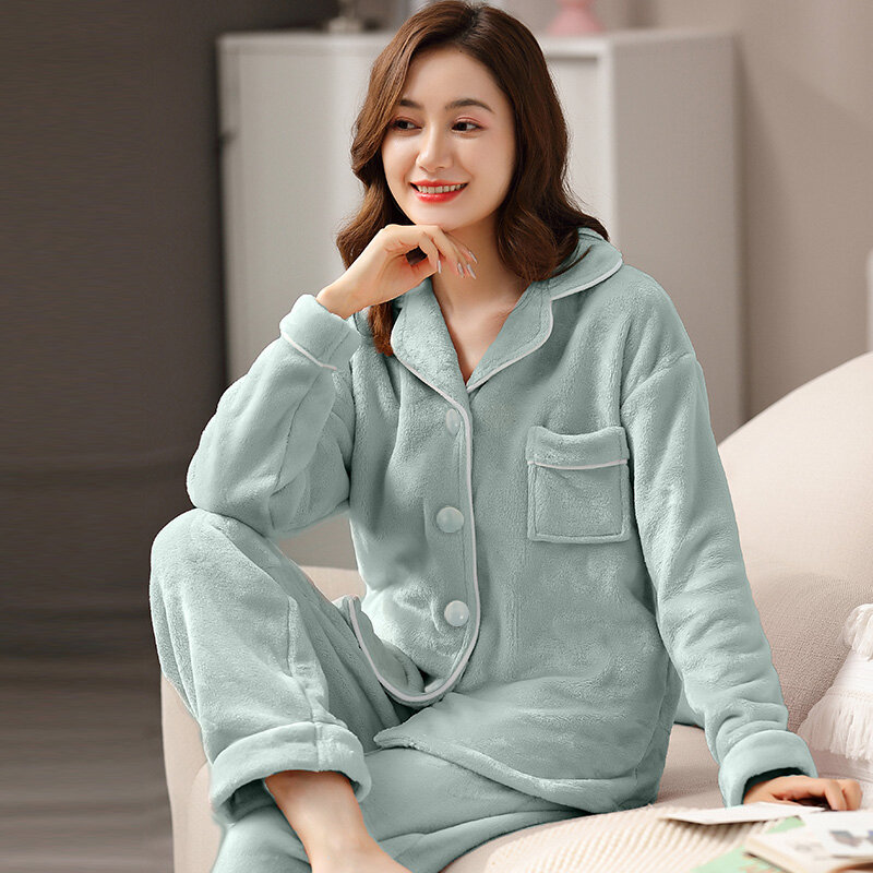 Winter Pajamas Women Coral Fleece Solid Thick Sleepwear 2 Pieces Warm Pyjamas Set for Ladies Lounge Bedroom Home Clothes Bedgown